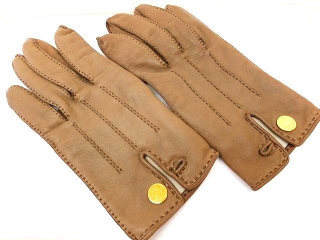 エルメス グローブ サイズ7 1|2 レザー ブラウン系×ゴールド金具 セリエ ソルド品 レディース 手袋 HERMES □7E