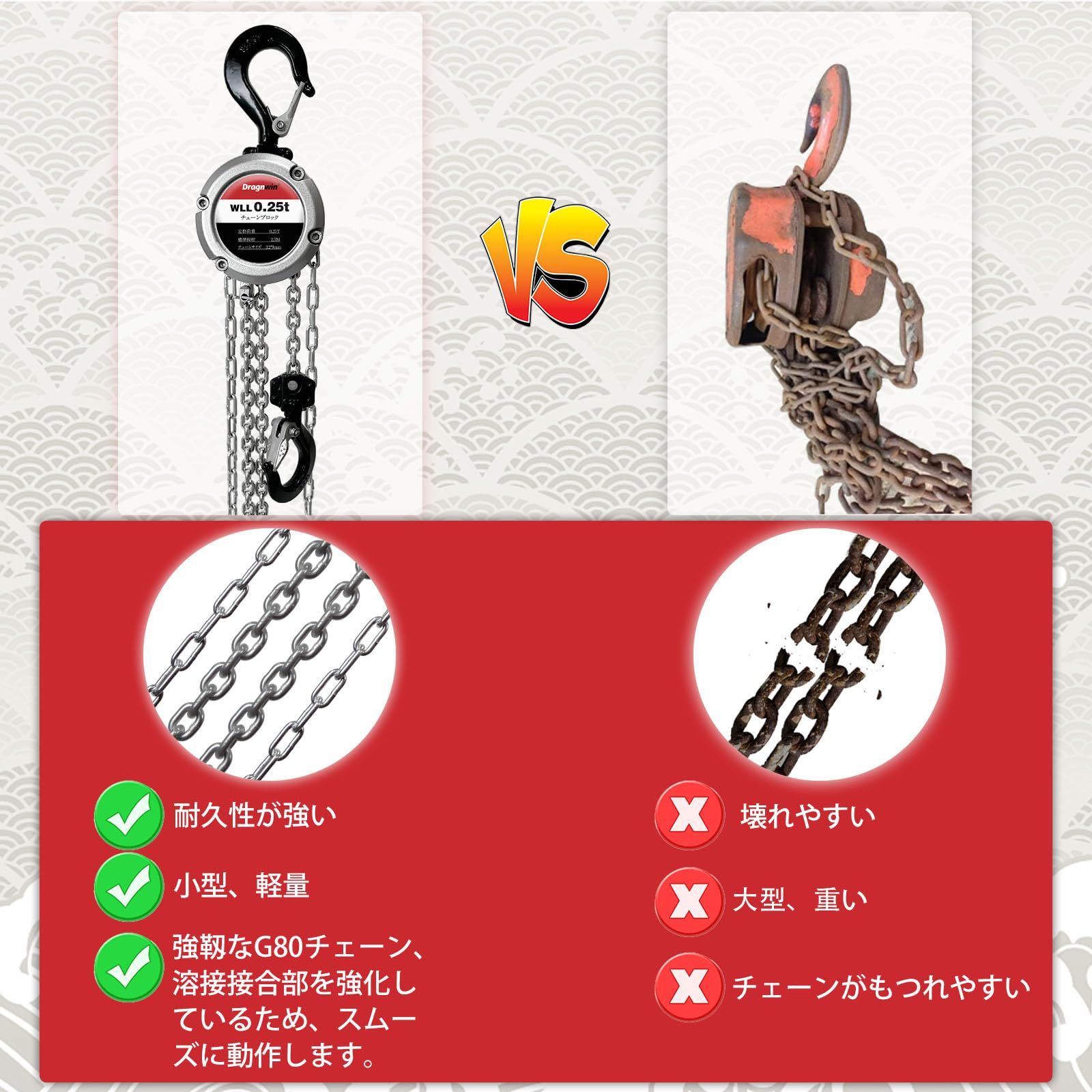Dragnwin チェーンブロック 250kg 2.5m チェーンホイスト レバーブロック 0.25t 2.5m 手動式 荷締機 ガッチャ がっちゃ レバー式ブロック アルミ製