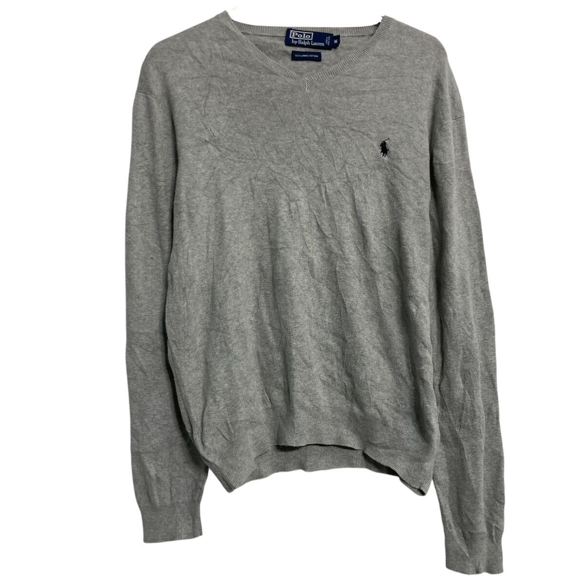 POLO RALPH LAUREN コットンニット セーター M グレー ポロラルフローレン 90s Vネック 防寒 古着卸 アメリカ仕入 a701-6808