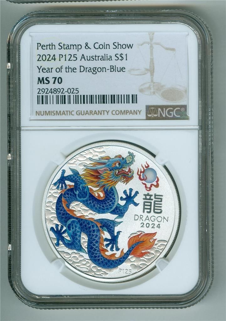 ATRALIA 2025 $ OF THE DRAGON-BLUE PERTH STAMP COIN SHOW NGC MS-70