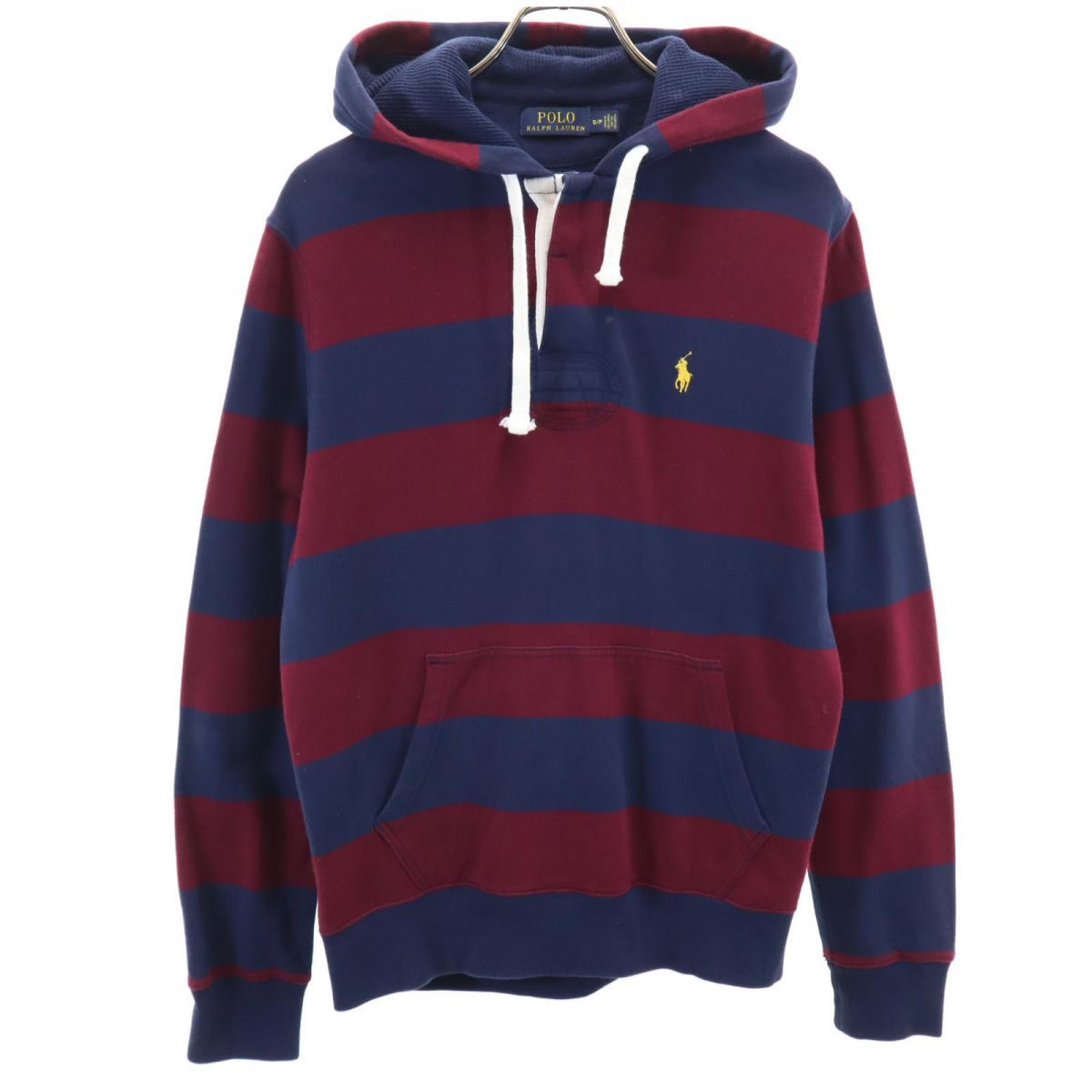 ポロラルフローレン ボーダー柄 長袖 ラガーシャツ スウェットパーカー S ボルドー×ネイビー POLO RALPH LAUREN メンズ 古着 【240225】