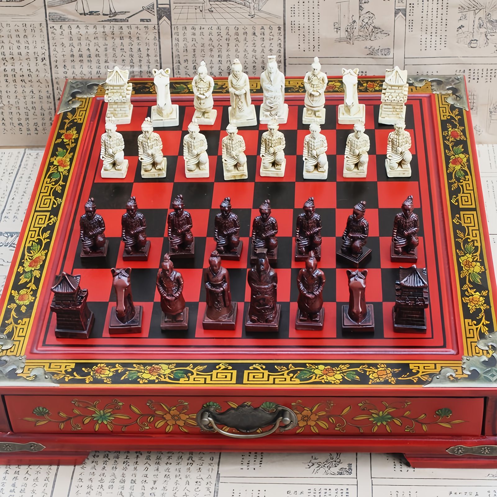 新着商品 デラックス ゲーム コンボ テーブル - ヴィンテージ テラコッタ チェス セット - チェス ボード36 個のテラコッタ チェス ピース2 つの収納引き出しを含むパーティ ゲームインタラク