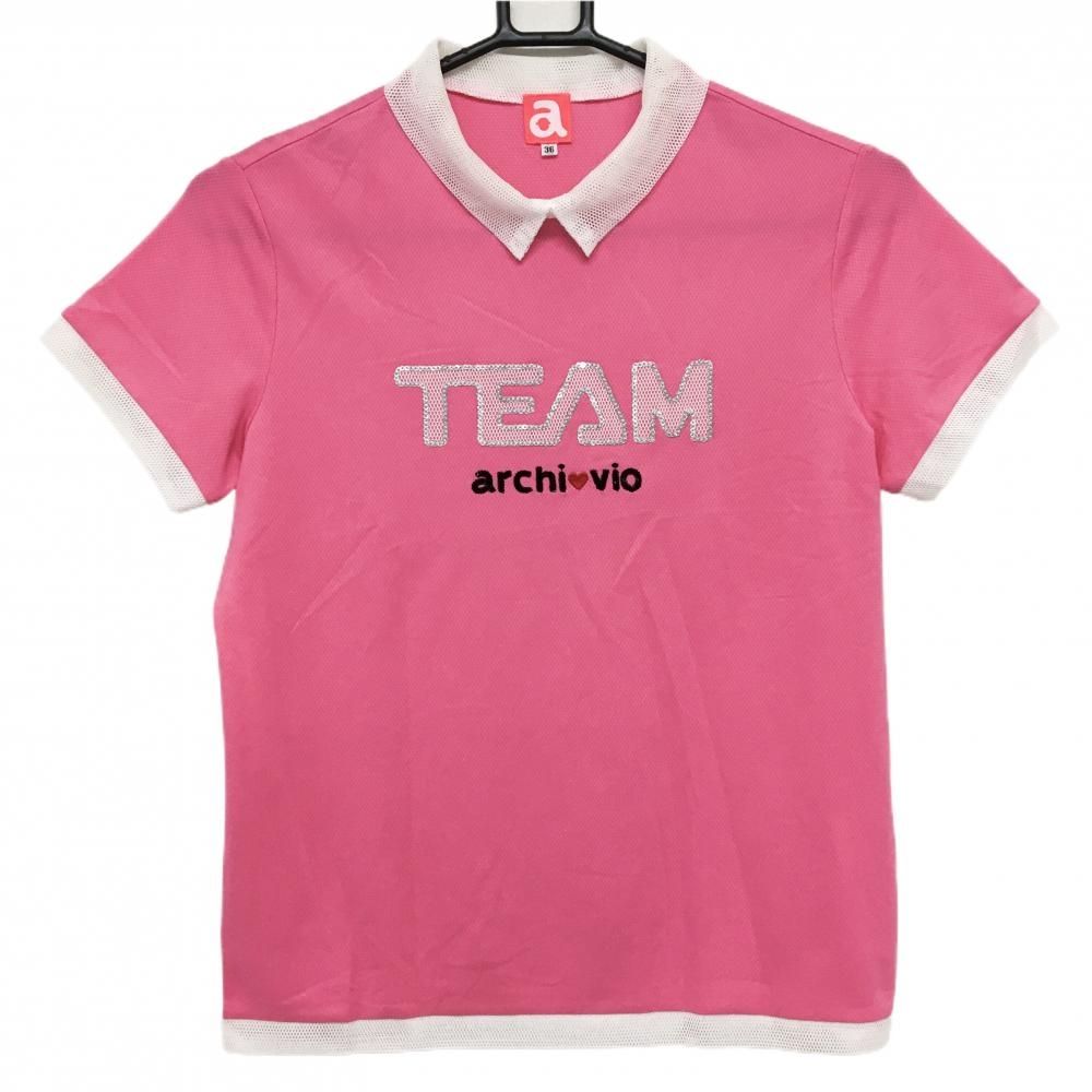 超 アルチビオ 半袖ハイネックシャツ ピンク×白 一部メッシュ レディース 36 S ゴルフウェア archivio