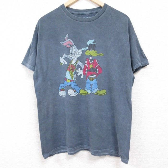 L/古着 半袖 Tシャツ メンズ ルーニーテューンズ LOONEY TUNES バッグスバニー コットン クルーネック 濃グレー 24jun01 中古