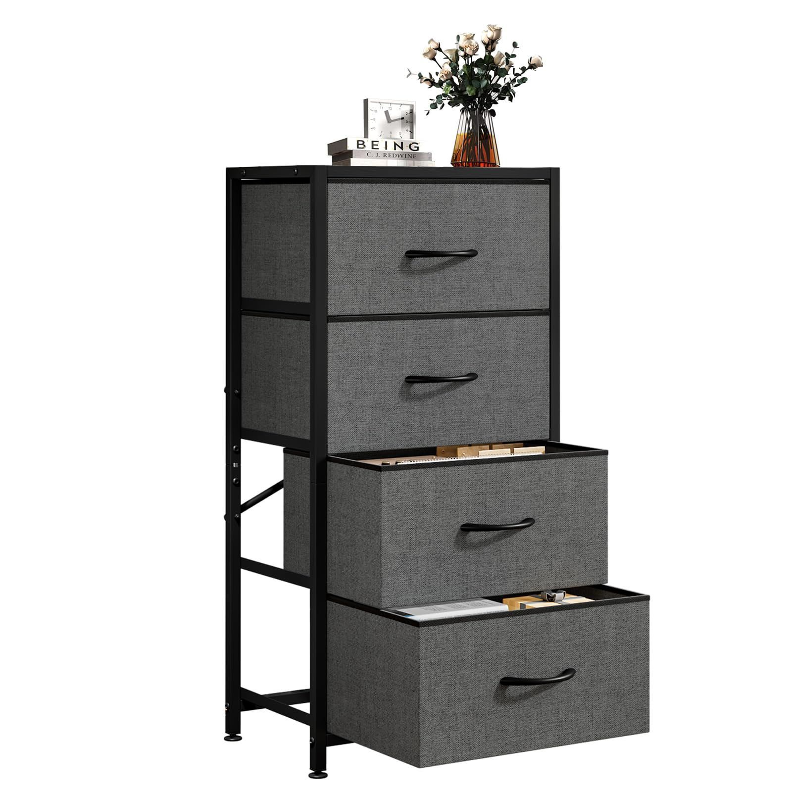 Color ブラック チェスト タンス 収納チェスト スチールフレーム 布製引き出し 木製天板 ランドリーチェスト サイド リビング収納 スリム 洋服 衣類小物収納 組立簡単 大容量 4段 ブラック