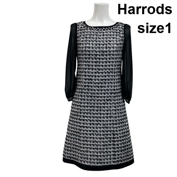 ◆ ハロッズ Harrods ツイードワンピース 長袖 膝丈 袖シースルー Aライン チェック柄 黒 白 コットン ウール 1 S 7号 レディース S5V573