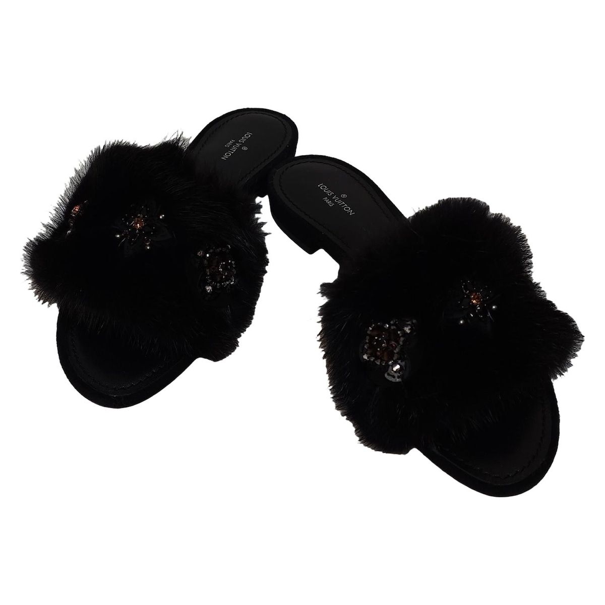 LOUIS VUITTON ルイヴィトン サンダル 37 レディース - 黒 ビーズ ラインストーン レザー ミンク
