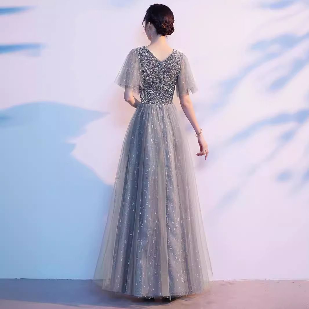 OKロングドレス演奏会フォーマルドレスマキシ丈結婚式ドレスワンピースVネックレディースAライン発表会パーティードレス