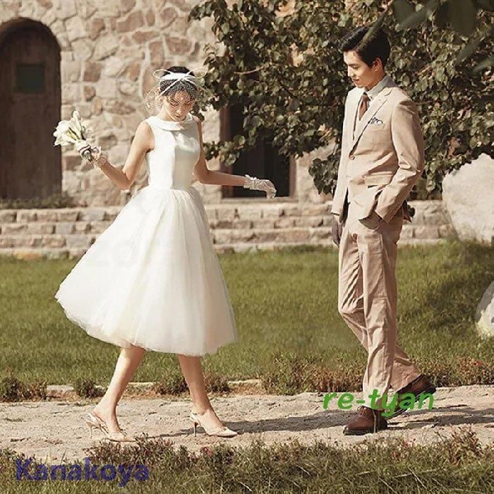 ミモレ丈ドレス ウェディングドレス 結婚式 白ワンピース 二次会 花嫁  