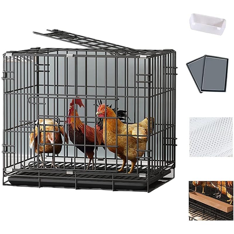 Puhang ペットケージ 鶏用ケージ 大型 鶏かご 小動物ケージ 70*50*60CM 鶏小屋 うさぎ 犬 猫 家庭用 飼育ケージ 家禽用ケージ 鶏舎 水入れ 餌入れ トレー付き 天井扉 掃除しやすい 通気性 組み立て簡単 2-3羽 L ブラック 0