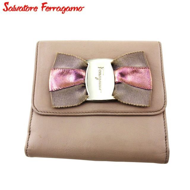 サルヴァトーレ フェラガモ Wホック 財布 二つ折り レディース ヴァラリボン ベージュ ピンク シルバー レザー Salvatore  Ferragamo T20530 - メルカリ