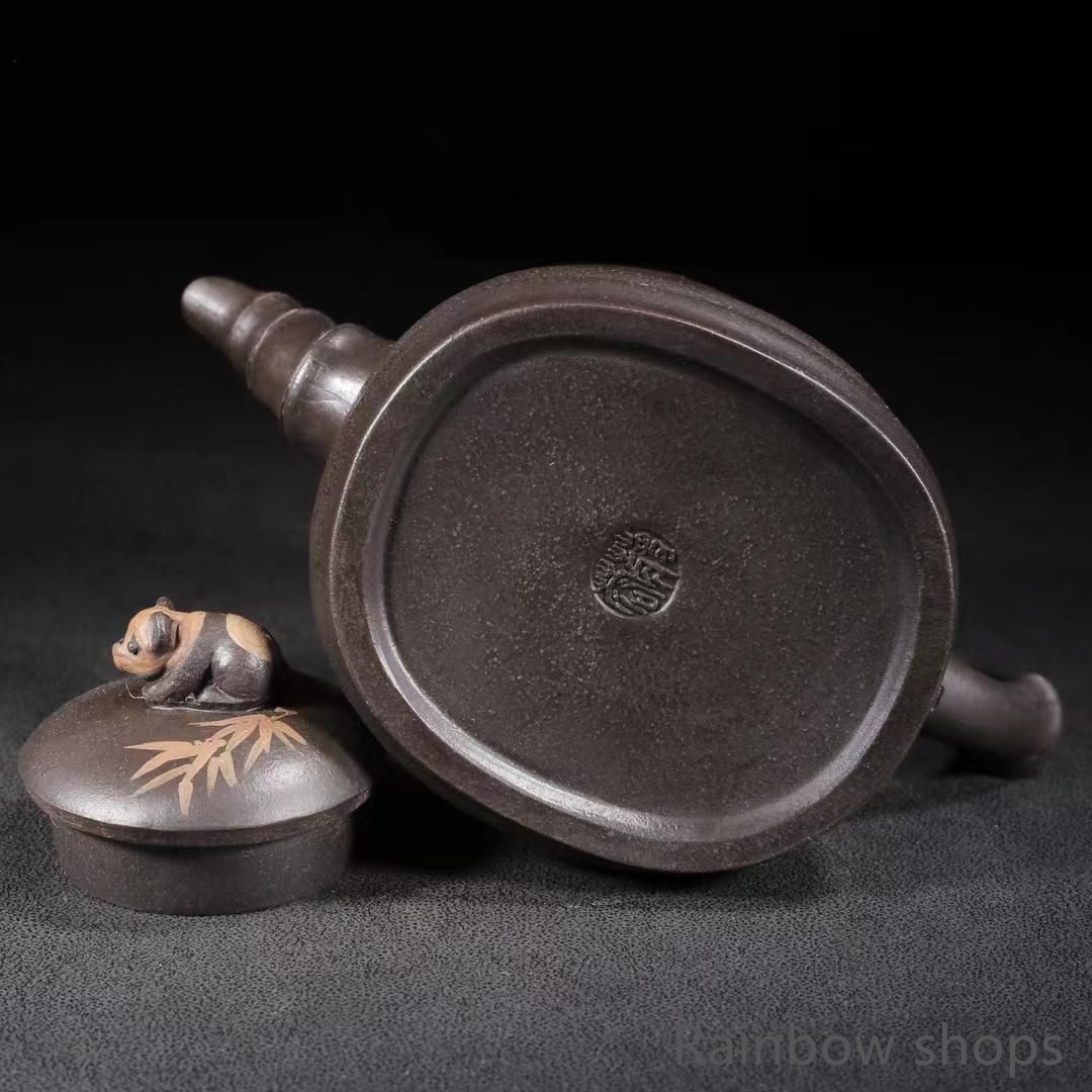 【新品通販】 ♥ 中国古美術?宜興原鉱黑金?泥 パンダと竹葉紋?紫砂壺?底款 蒋蓉?朱泥?急須 bcp70 安定感のある