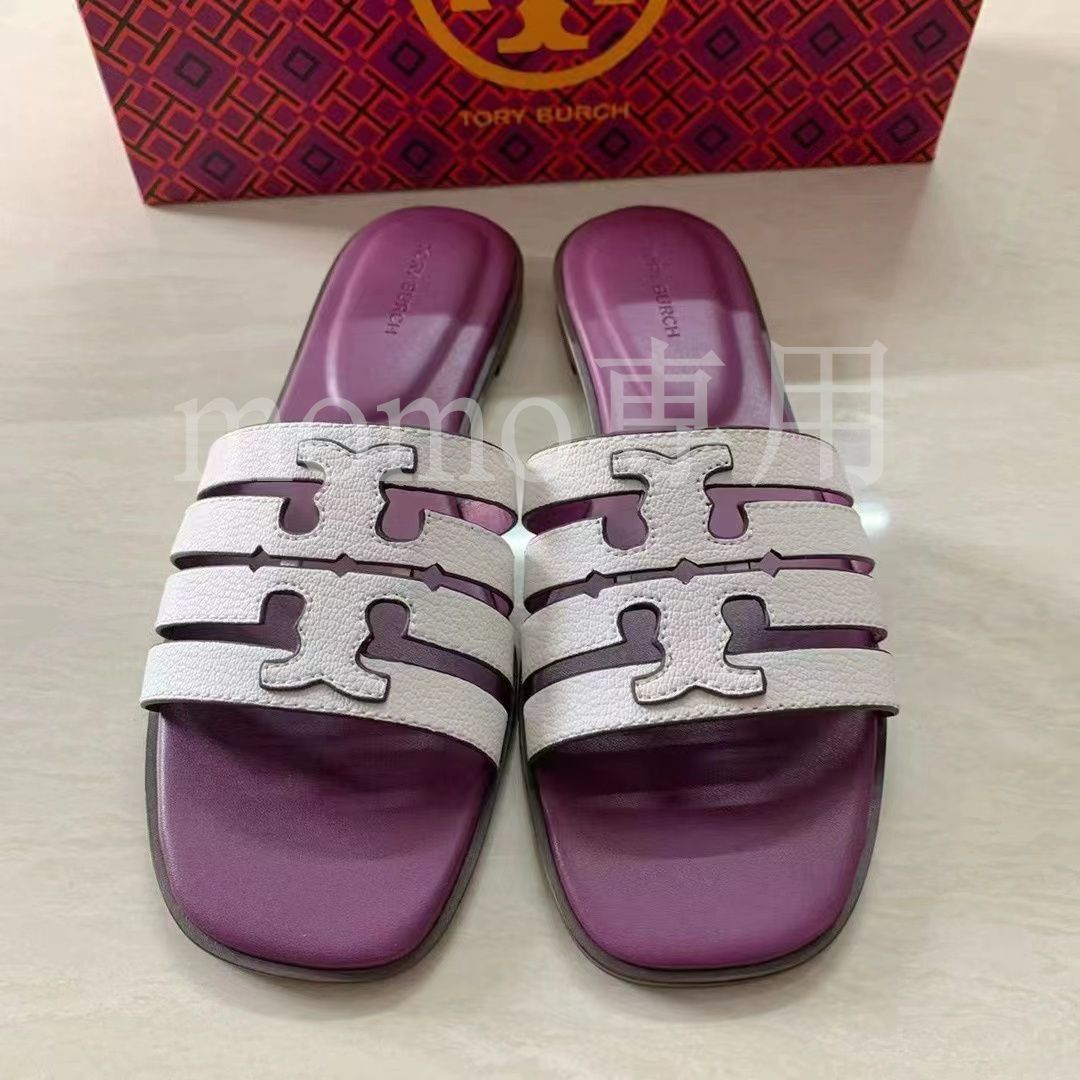 新品 TORY BURCH トリーバーチ レザーサンダル ミュール レディサンダル ダブルTスポーツスライドサンダル パープル