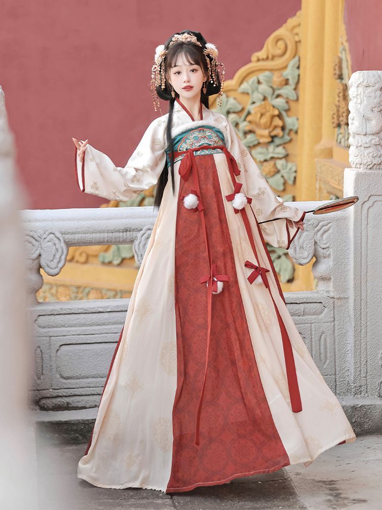 豪華刺繍デザイン 中国風  【スイートプリンセス】 冬用刺繍入りロングスリーブトップス＆フレアスカート 豪華唐風漢服 セットアップ ショール付き 撮影会 舞台演出 推し活 イベント用 プレゼントにも最適 新品未使用 漢服 豪華刺繍デザイン 中国風 【スイートプリンセス】 冬