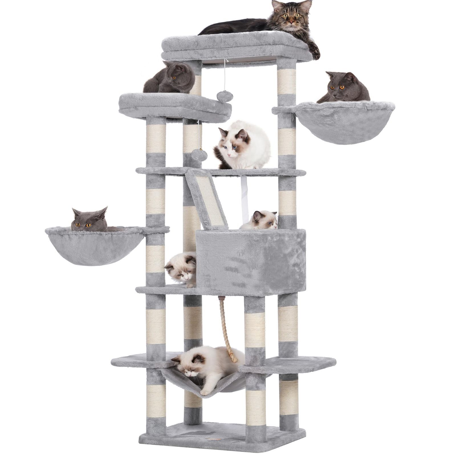 Heybly キャットタワー 大きな猫や多頭飼い 超スリム 据え置き型 省スペース 登りやすい ハンモック2つ 大きな見晴らし台 天然麻紐 爪研ぎ棒 高さ173cm ライトグレー HCT025W