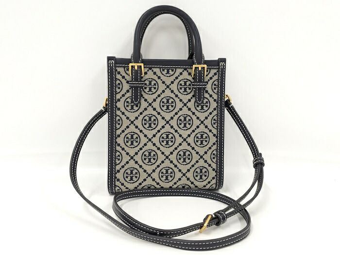 TORY BURCH ジャガード 2WAYショルダー トートバッグ レザー キャンバス ネイビー ベージュ