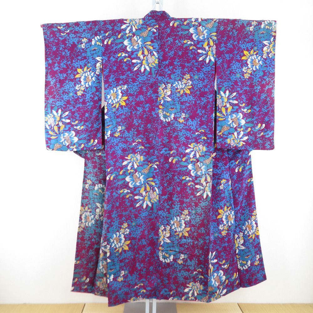 小紋 アンティーク着物 正絹 袷 花柄 赤紫 バチ衿 小さめサイズ 身丈