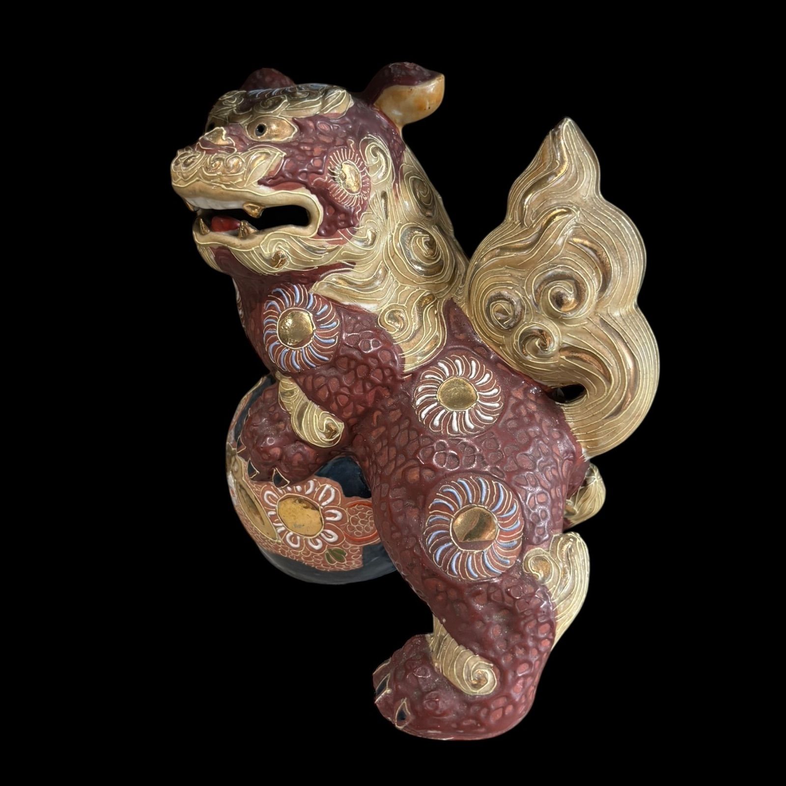 九谷焼 赤獅子 色絵 玉獅子 玉乗り獅子 唐獅子 置物 美術品