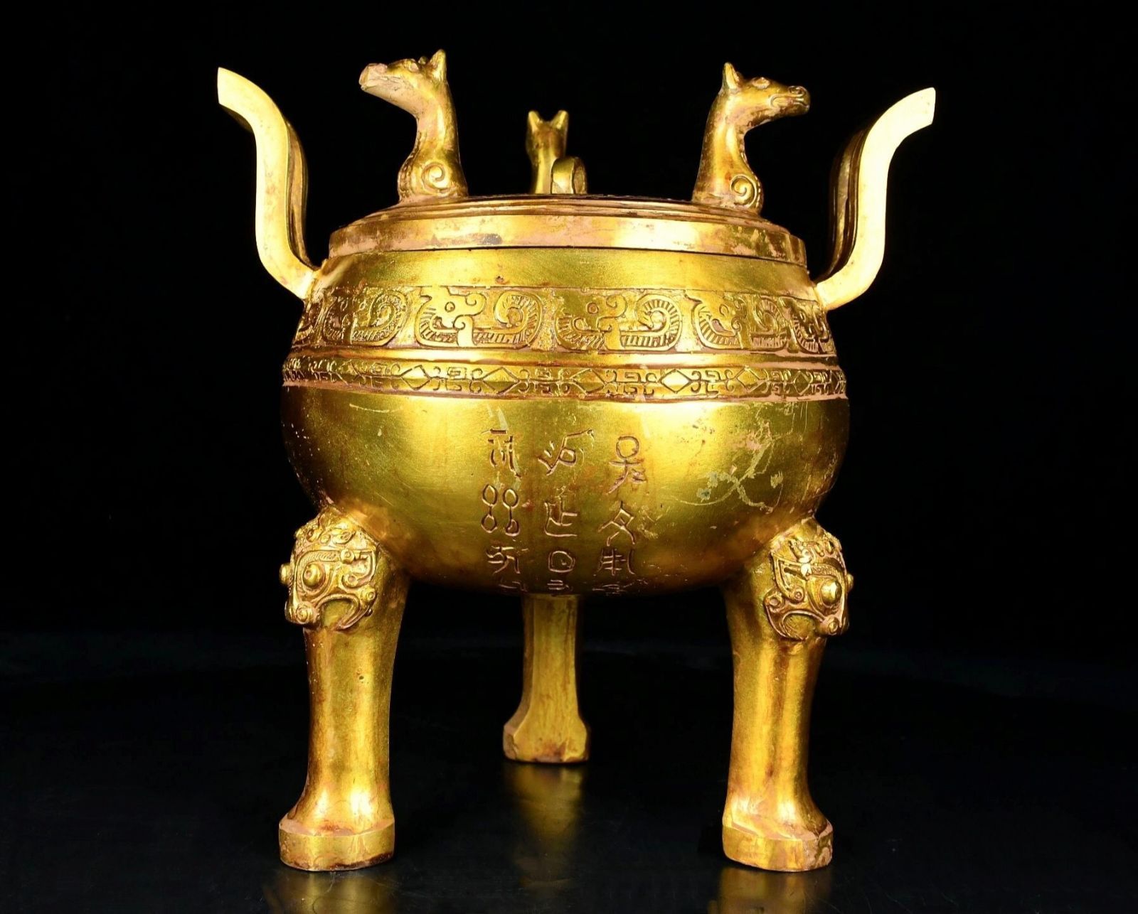 旧家蔵出し 戦 青銅器彫 青銅 塗金 雙耳三足鼎 食器 祭祀品 副葬品 供養品 古美術品 収集家