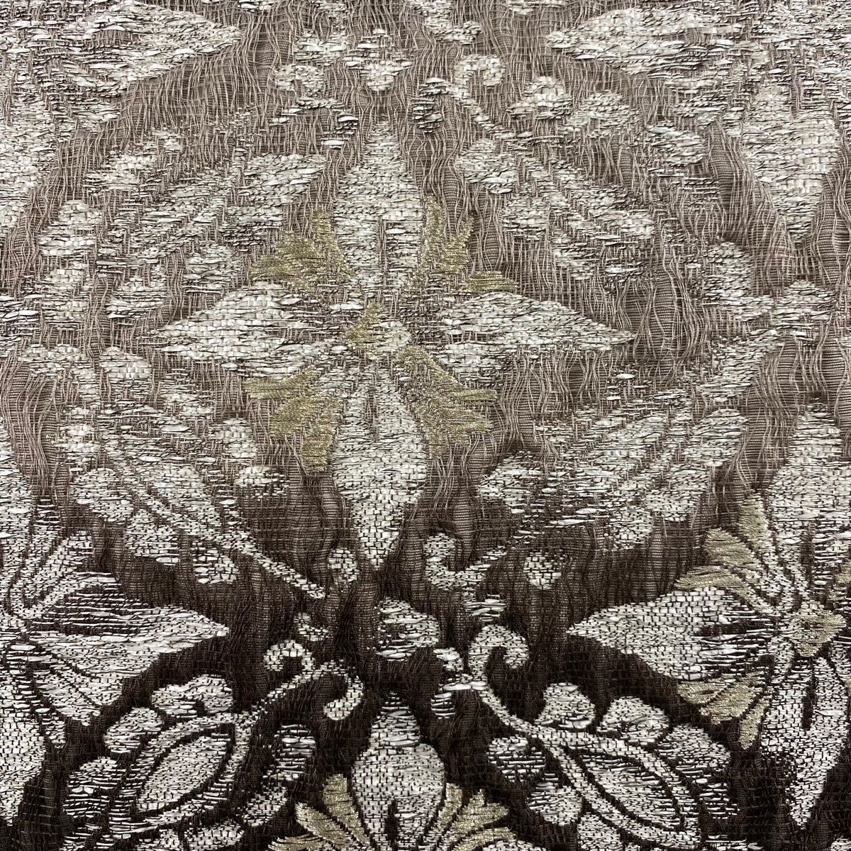 袋帯 加納幸 落款 琳派唐箔 七宝 花菱 金銀糸 箔 焦茶色 六通 正絹