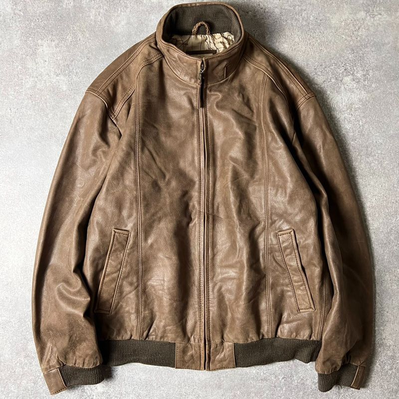 90s Jos.A.Bank 総柄 ライナー付き 中綿入り 本革 レザー ジャケット L / 90年代 オールド ブラウン 革ジャン ハイネック ブルゾン マップ