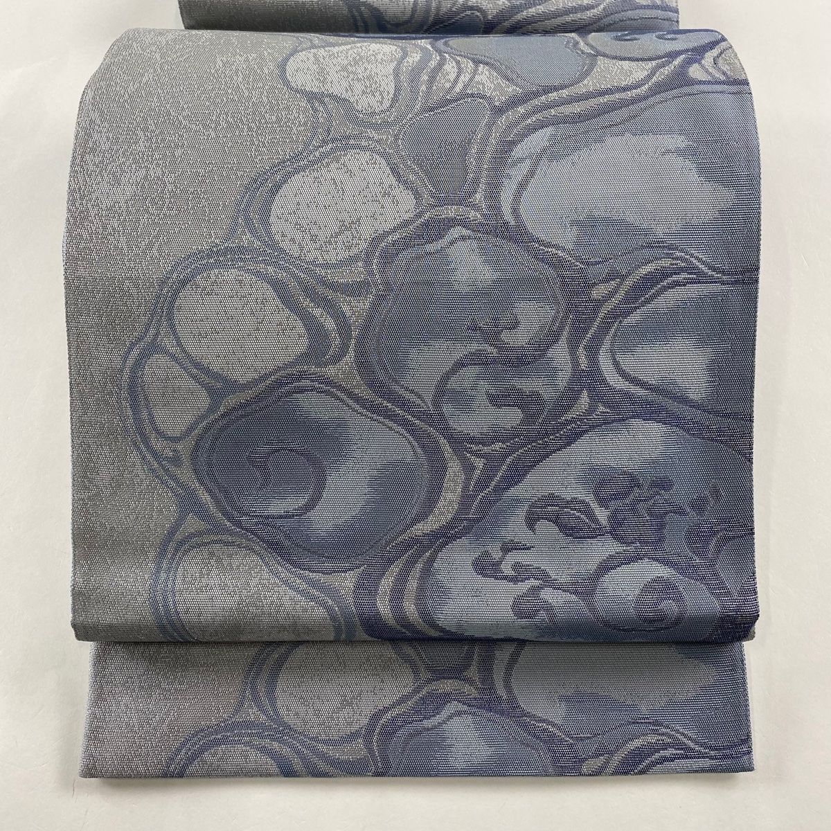 袋帯 名品 リバーシブル 花唐草 銀糸 青灰色 全通 正絹 【中古