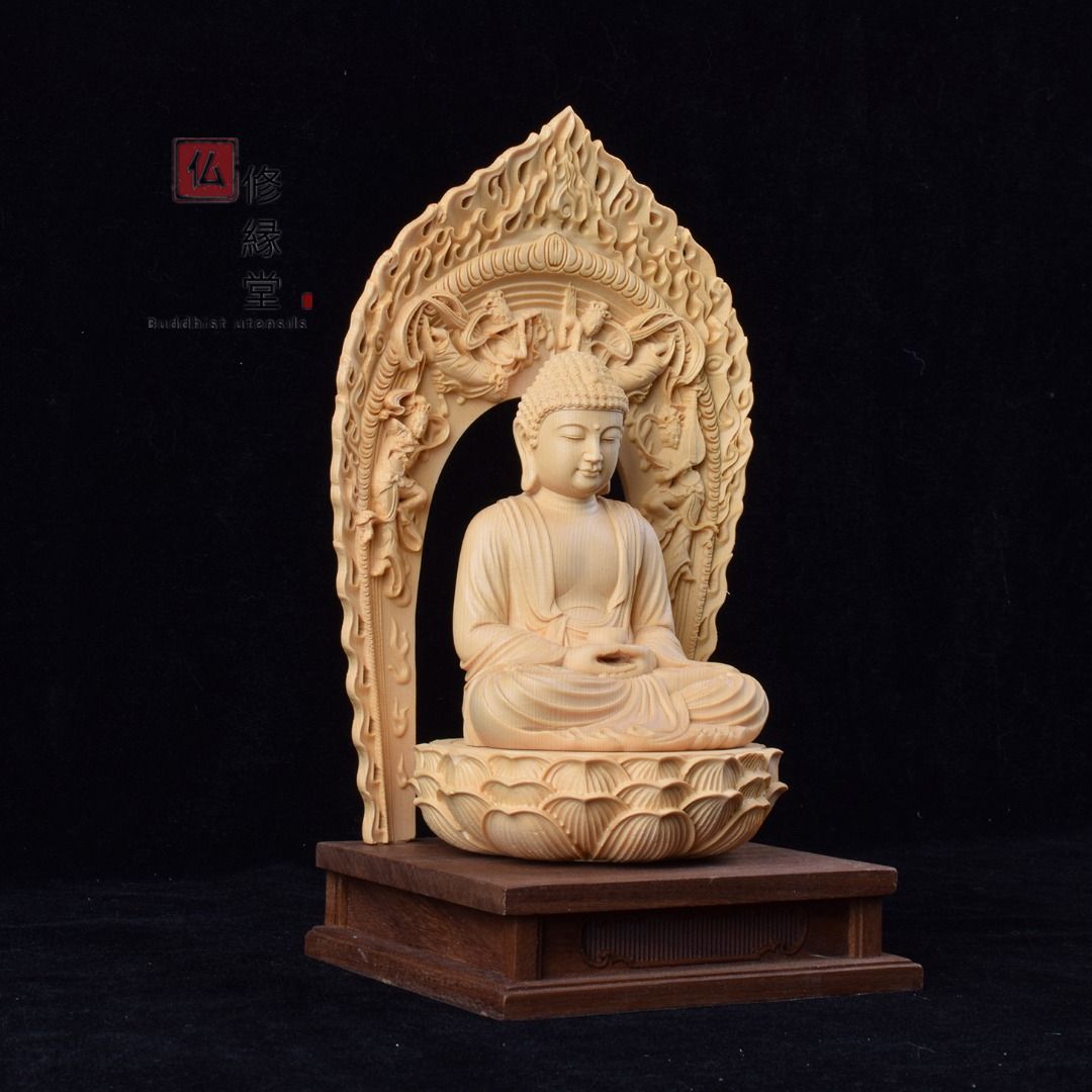 安い定番人気大型高43cm 仏教美術 木彫 仏像 開運 厄除け 総檜材 阿弥陀如来三尊 立像 仏像