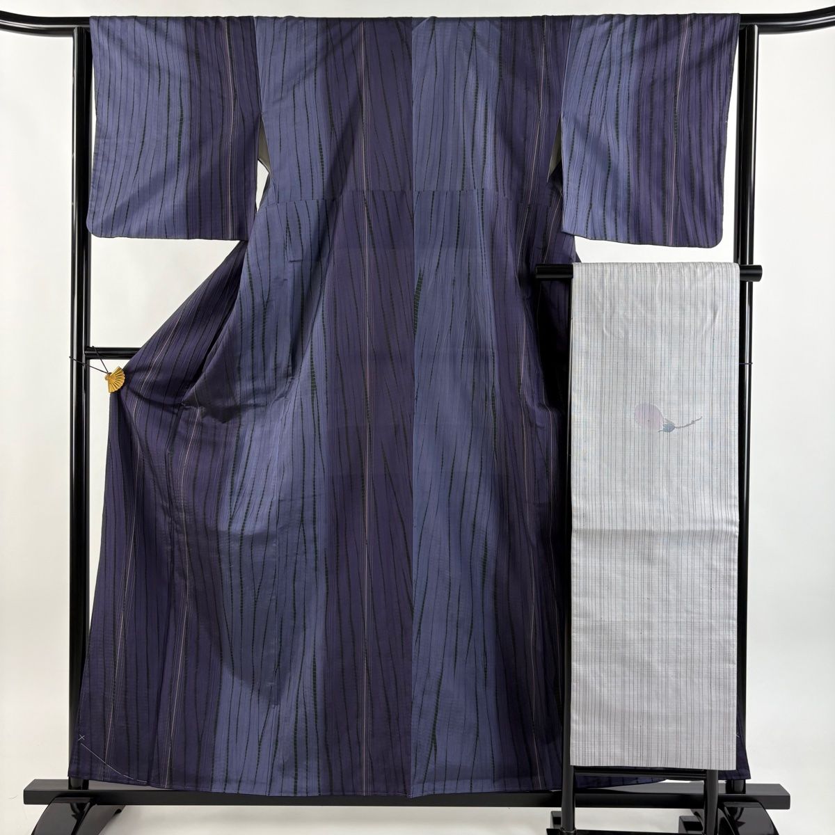 小紋 身丈159cm 裄丈63cm S 袷 名古屋帯セット 紬地 縞 絞り 濃紫 正絹 秀品