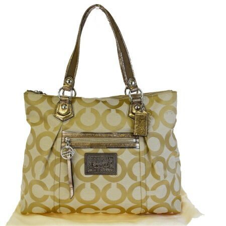 【中古】 超美品 コーチ COACH ポピー オプアート トートバッグ ショルダー ハンド ゴールド キャンバス レザー 16299 07HB359