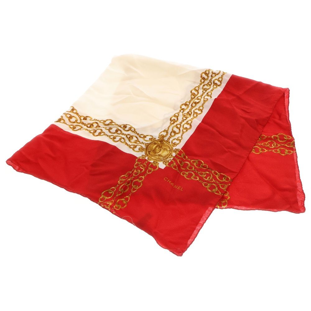 CHANEL シャネル ココマーク チェーン シルクスカーフ レッド×ホワイト