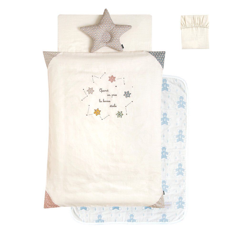 新着商品 10mois ディモワ -SOULEIADO ベビー用おふとんセット ふくふくガーゼ 6重ガーゼ ケット付き ウォシュロンふとん 丸洗い可 クリーンくるマット 丸洗い可 ラ ボン エトワール ブルー 約120cm 新生児~6歳頃まで 替えシーツ
