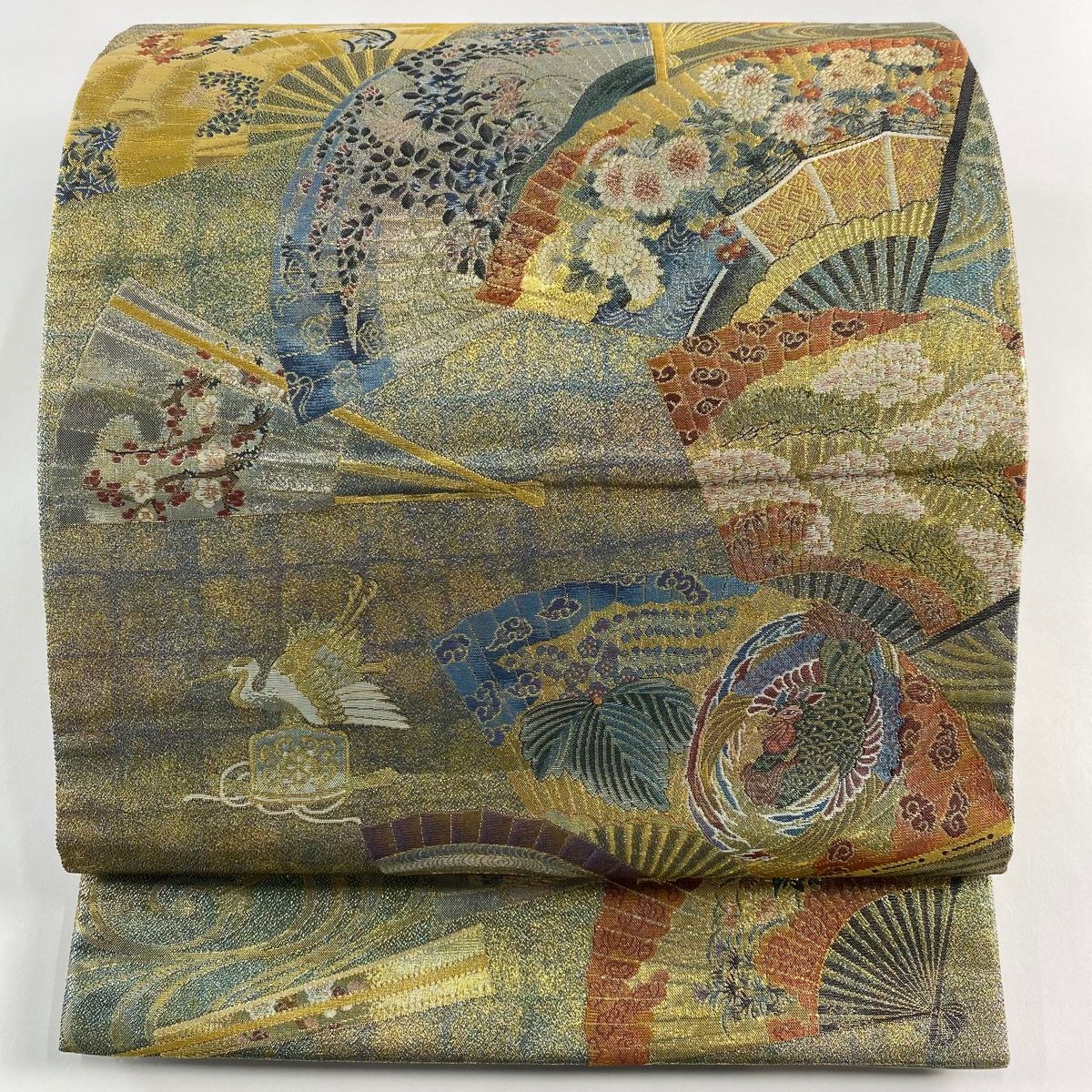 袋帯 秀品 落款 徳川美術館秘蔵 扇 草花 金糸 箔 金色 お太鼓柄 正絹