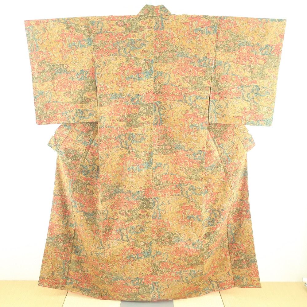 小紋 茶系 花 正絹 袷 バチ衿 カジュアル 仕立て上がり  身丈158cm 美品