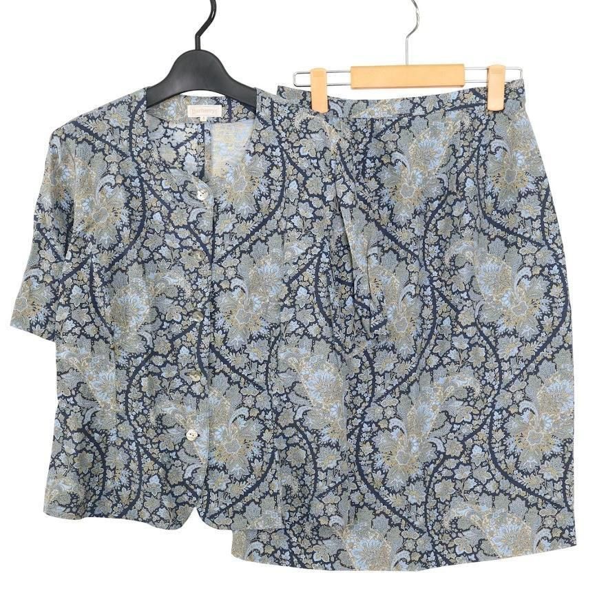 BURBERRY バーバリー セットアップ 上下セット ９ レディース 花柄 麻 リネン 青系 シャツジャケット スカート カジュアル タウンユース