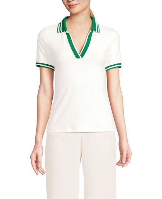 売れ筋商品|||ランズエンド カットソー トップス レディース Women's Wide Rib Polo Shirt Black 548283_LEPP_LS_0T7