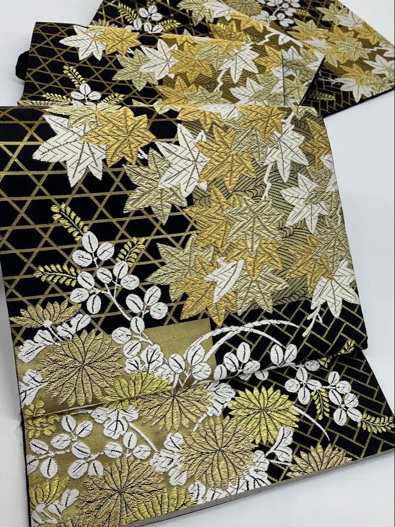 唐織 山口美術織物 袋帯 市松秋花文 金糸 正絹 六通 Q958 【公式通販】