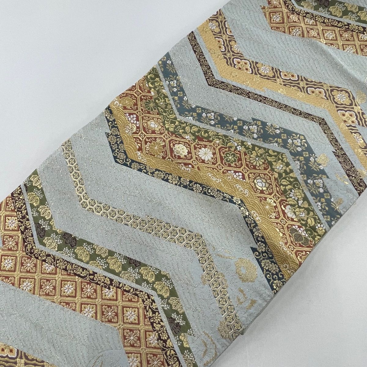 高級袋帯　絽刺し　蜀江文　正絹　金糸 袋帯 美品 秀品 蜀江文 花鳥 金糸 箔 青灰色 六通 正絹 中古