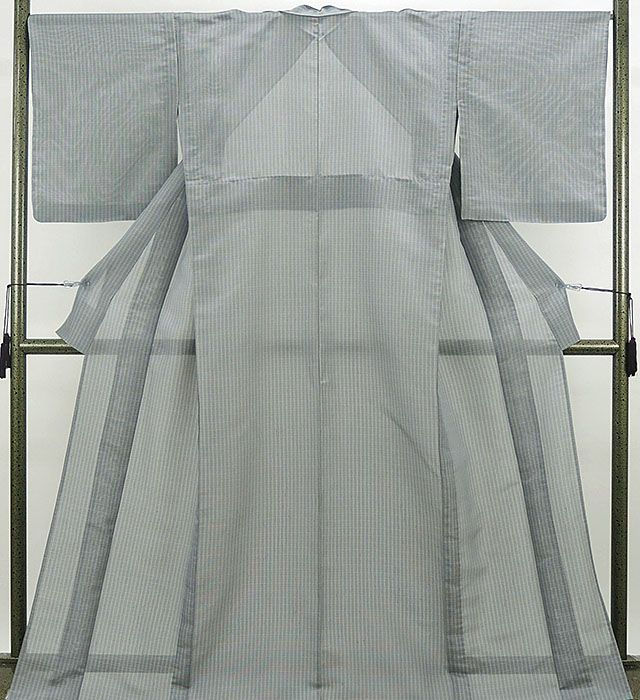 夏物 紬 仕立て上がり 正絹 夏物 蕪重織物謹 流風 縦縞格子模様 紗紬 夏 夏用 仕立済 着物 wd2043