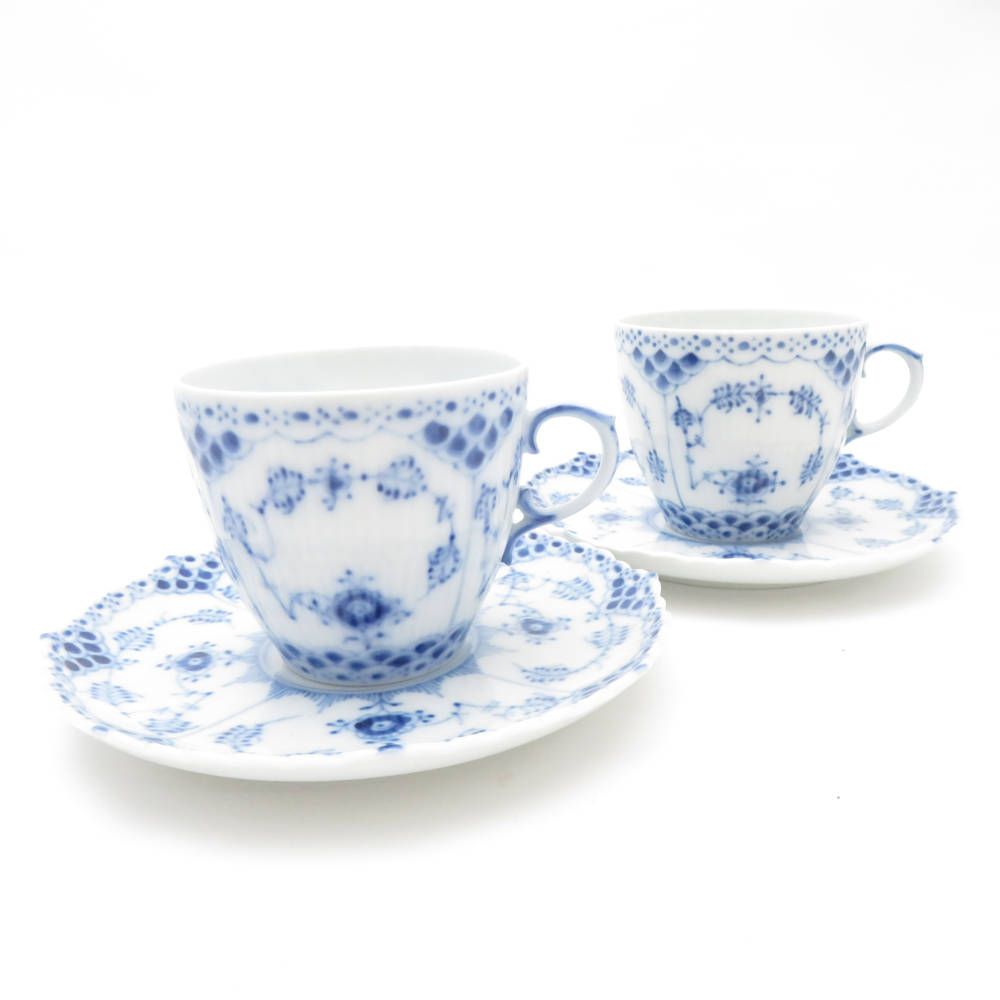 ROYAL COPENHAGEN ロイヤルコペンハーゲン ブルーフルーテッドフルレース カップ＆ソーサー 2客 ペア コーヒー デミタス モカ SU13172A2