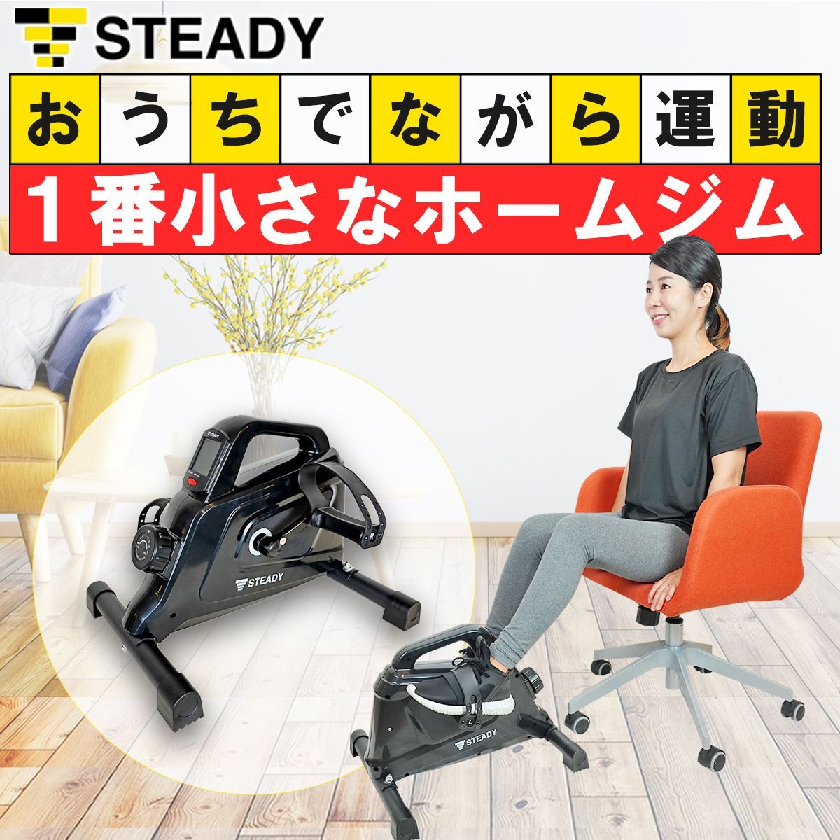 STEADY ミニフィットネスバイク 電源不要【静音小型/負荷16段階】1年 