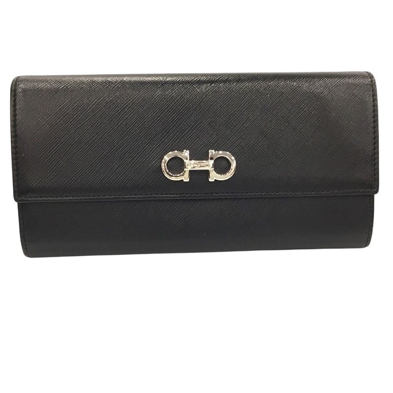 フェラガモ Salvatore Ferragamo レザー ガンチーニ 長財布 ブラック シルバー金具 JA-22781