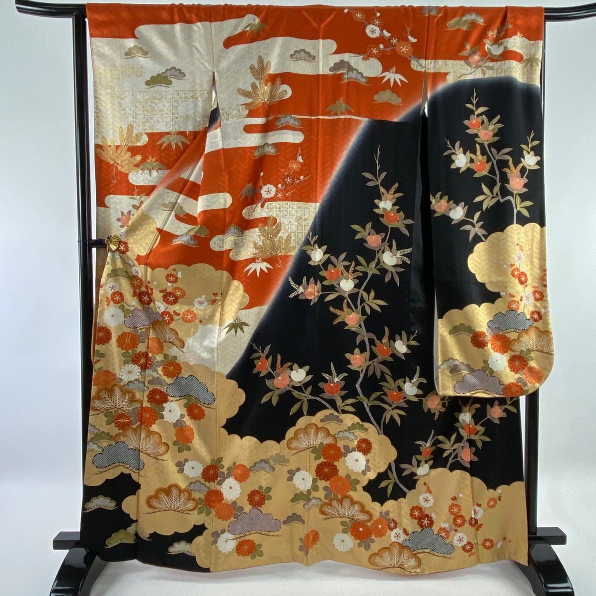 振袖 名品 松竹梅 菊 金糸 金彩 オレンジ 袷 身丈165cm 裄丈66.5cm M