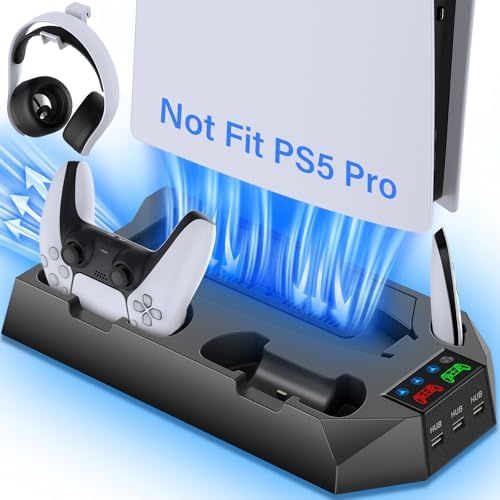 CYKOARMOR PS5 冷却ステーションとデュアルコントローラ充電ステーション PS5 デジタルエディション PS5 ディスクバージョン用 CYKOARMOR PS5 冷却ファン ヘッドセットホルダー付き 3段階のファン速度調節