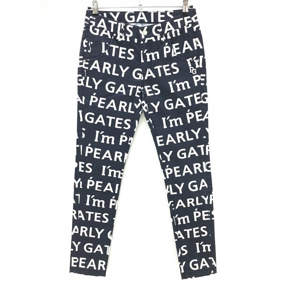 パーリーゲイツ パンツ ネイビー×白 ロゴ総柄 30周年 裏地ニコちゃん レディース 1(M) ゴルフウェア PEARLY GATES