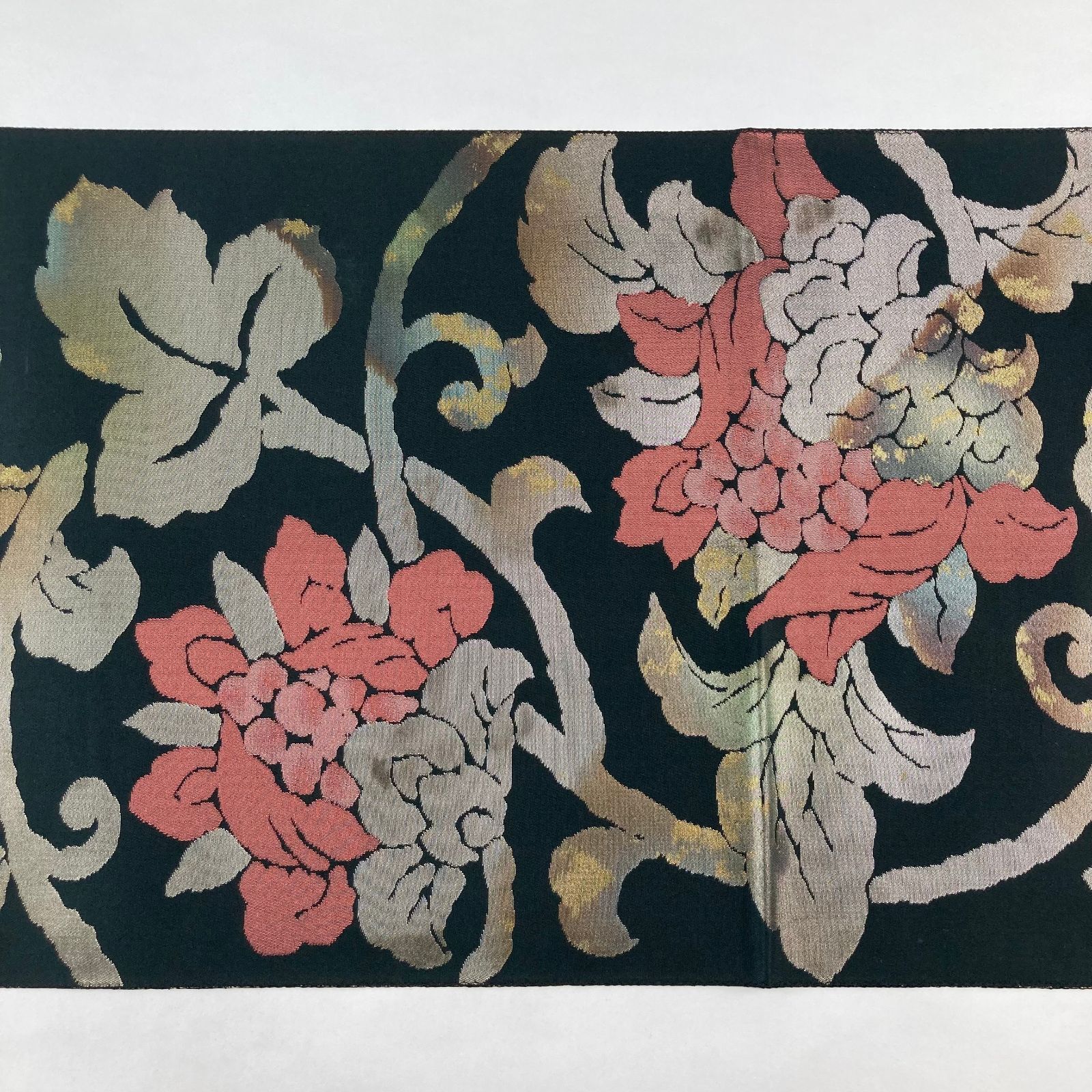 中古美品 黒 牡丹柄 リバーシブル袋帯 24K純金箔 九百錦 鴛鴦 オシドリ 牡丹 袋帯 金糸 黒 176