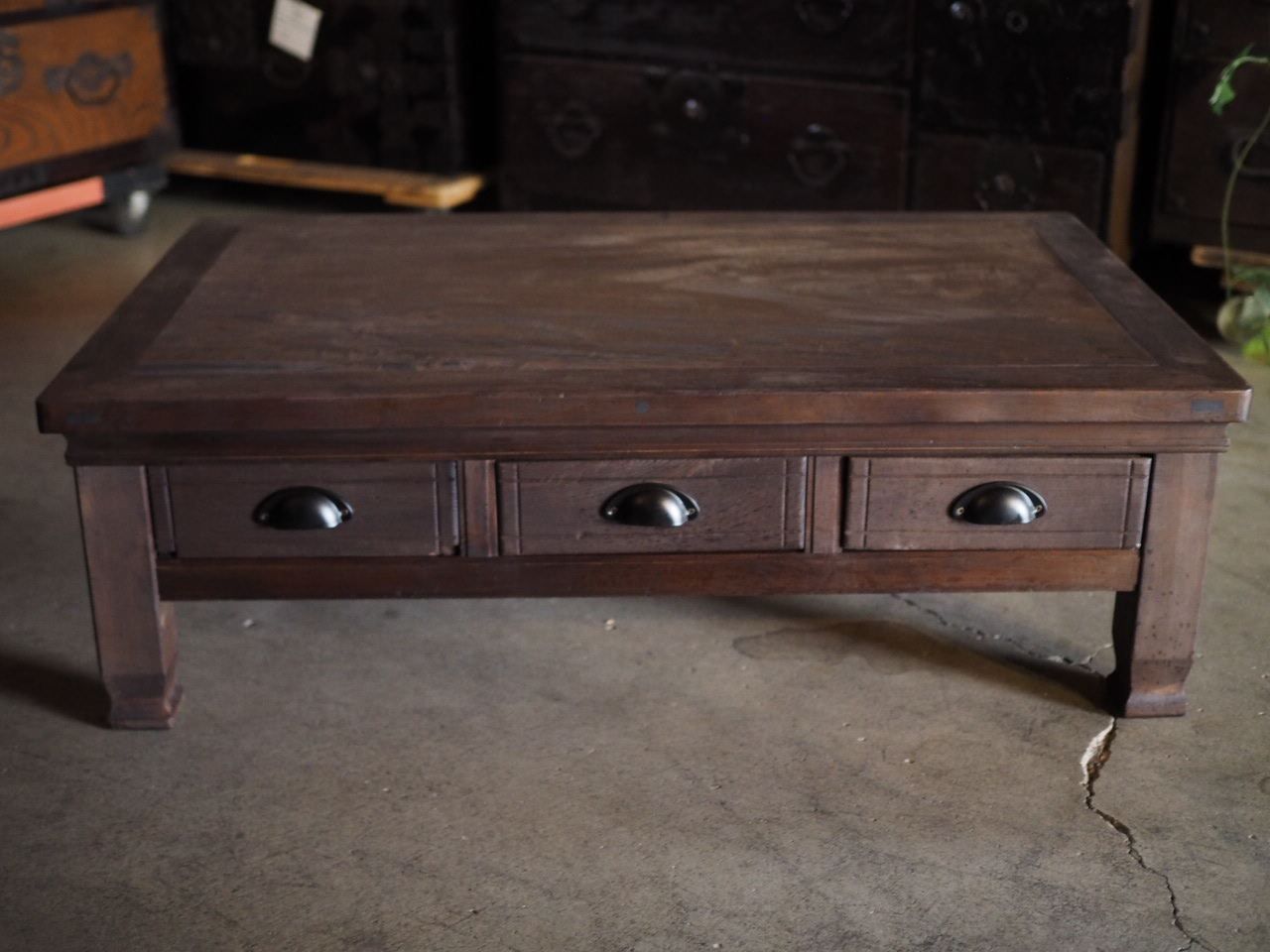 両面引き出し6杯栃材天板のローテーブル 昭和初期 古録展 送料無料 品番F4417