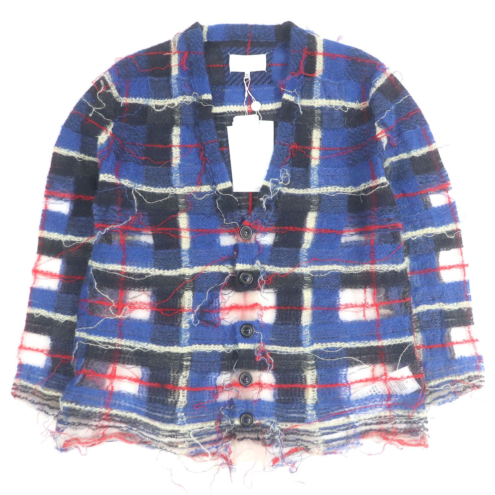 ♥品□Maison Margiela メゾンマルジェラ 23AW S67HP0001 モヘア混 チェック柄 ニットカーディガン ブルー系マルチカラー S イタリア製 正規品 メンズ