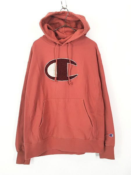 古着 Champion Reverse Weave ロゴ BIG パイル ワッペン リバース スウェット パーカー ピンク L 古着 
