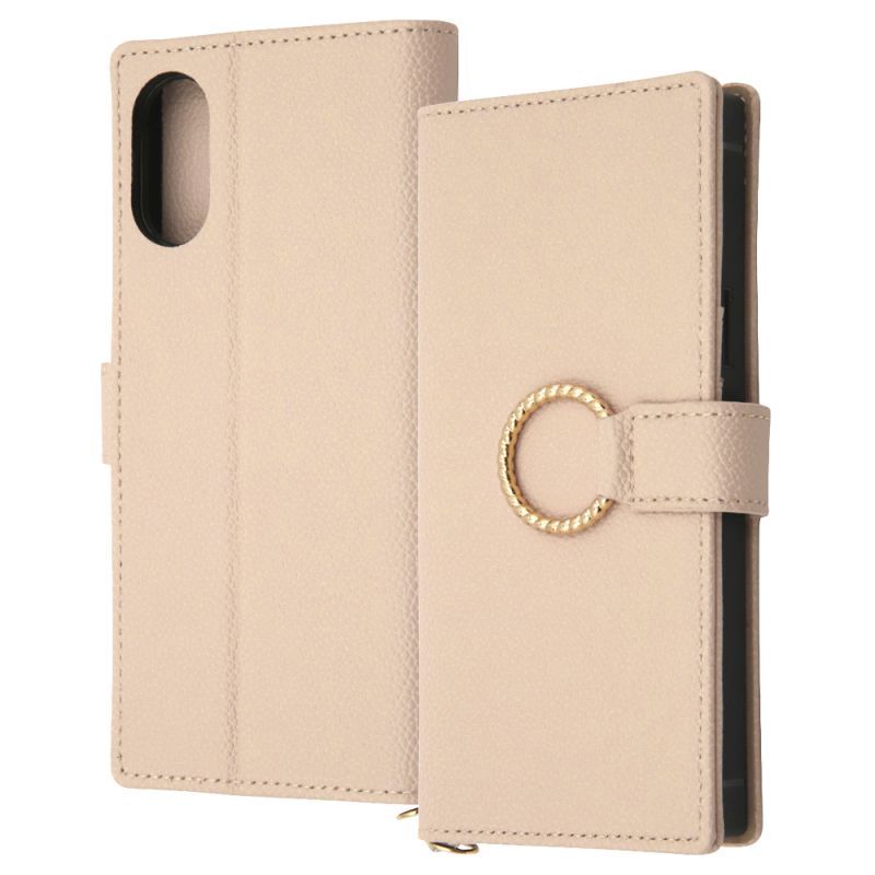 Xperia 10 VI 耐衝撃 手帳型レザーケース KAKU Ring/ベージュ