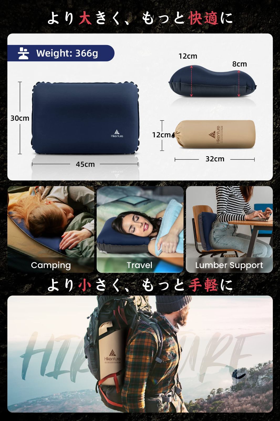 人気商品】HIKENTURE キャンプ 枕 【3秒自動膨張・人間工学デザイン】19倍高反発ウレタン キャンプ・車中泊・トラベル メルカリ